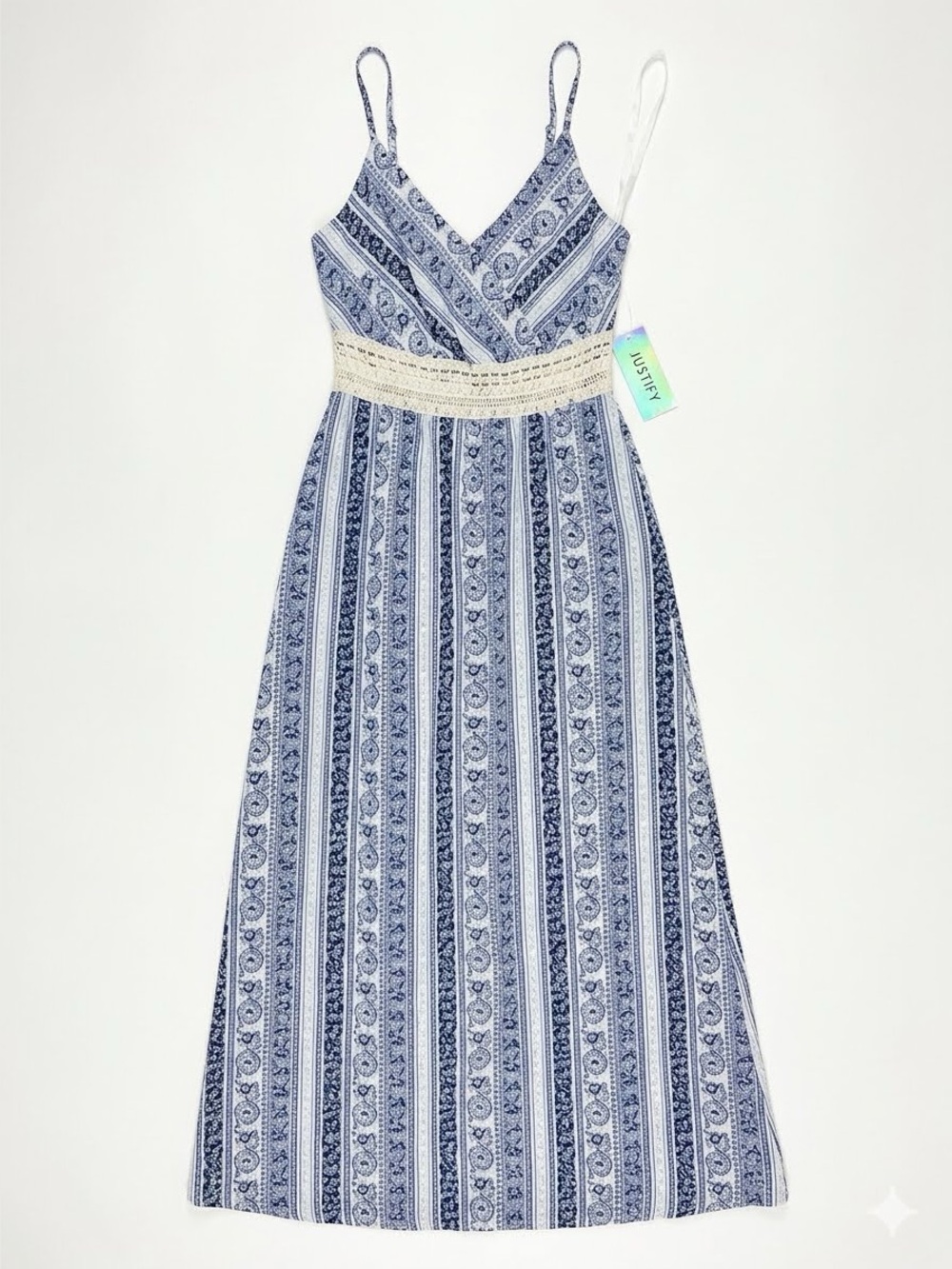 NWT Justify Blue and White Floral Maxi Dress with Crochet Detail - M